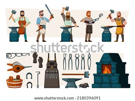 blacksmith. fairytale workers making steel armor and weapons. Vector professional character from blacksmith with crafted tools big hammer