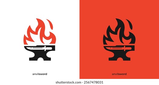 Blacksmith Fire Logo. Anvil and Fire Sword Icon Graphic. Welding and Forge Service Logo Design Template.