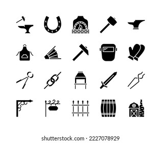 Blacksmith flat line icons set. Metal work sign - anvil, forge hammer, horseshoe, chain, forging furnace. Simple flat vector illustration for store, web site or mobile app