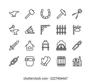 Blacksmith flat line icons set. Metal work sign - anvil, forge hammer, horseshoe, chain, forging furnace. Simple flat vector illustration for store, web site or mobile app