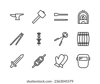 Blacksmith flat line icons set. Metal work sign - anvil, forge hammer, horseshoe, chain, forging furnace. Simple flat vector illustration for store, web site or mobile app