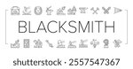 blacksmith forge anvil hammer icons set vector. smith metal, smithy craftsman, fire steel, work farrier, black forging, sword strike blacksmith forge anvil hammer black contour illustrations