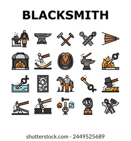 blacksmith forge anvil hammer icons set vector. smith metal, smithy craftsman, fire steel, work farrier, black forging, sword strike blacksmith forge anvil hammer color line illustrations