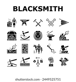 blacksmith forge anvil hammer icons set vector. smith metal, smithy craftsman, fire steel, work farrier, black forging, sword strike blacksmith forge anvil hammer glyph pictogram Illustrations