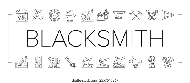 blacksmith forge anvil hammer icons set vector. smith metal, smithy craftsman, fire steel, work farrier, black forging, sword strike blacksmith forge anvil hammer black contour illustrations