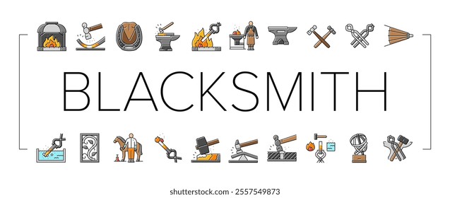 blacksmith forge anvil hammer icons set vector. smith metal, smithy craftsman, fire steel, work farrier, black forging, sword strike blacksmith forge anvil hammer color line illustrations