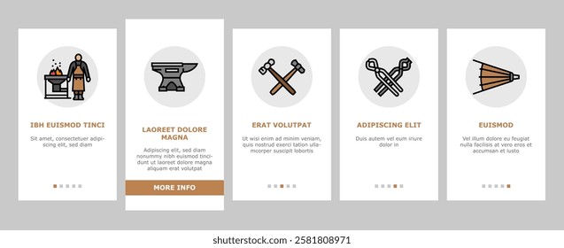 blacksmith forge anvil hammer onboarding mobile vector smith metal, smithy craftsman, fire steel, work farrier, black forging, sword strike blacksmith forge anvil hammer illustrations