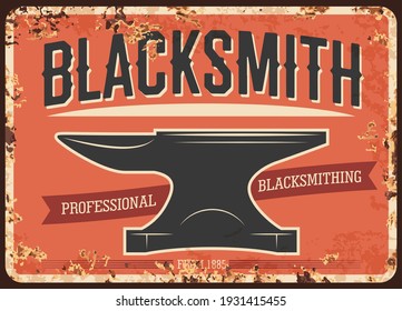 Blacksmith Forge, Craftsman Workshop Rusty Metal Plate. Forge Massive Anvil Vector. Professional Smithy Shop Retro Banner With Metalwork Tool, Vintage Typography And Rust Texture Frame