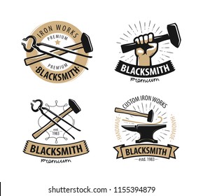 Blacksmith, forge logo or label. Workshop, iron work symbol. Vector illustration
