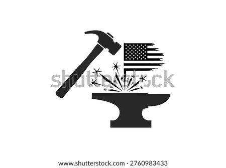 Blacksmith forge scene with hammer hitting anvil creating sparks. American flag silhouette integrated into industrial metal work. Patriotic labor and craft concept.