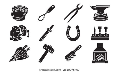 Blacksmith forge tools solid icon set. Set of Forging tools silhouette element. Forging symbols with Coal, Forge, Anvil, Hammer, Tongs, Bellows, Chisel, Hardy Tool, Punch, Swage, Vise, Horseshoe
