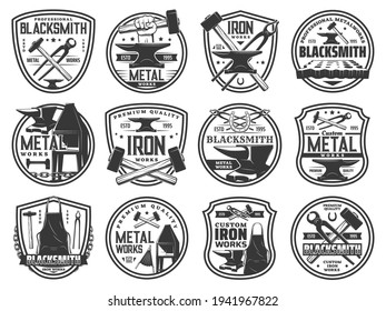 Blacksmith forge works on steel and metal, vector icons of smith hammer and anvil. Blacksmith foundry badges of metal iron, welding craftsman workshop service emblems of apron, horseshoe and furnace