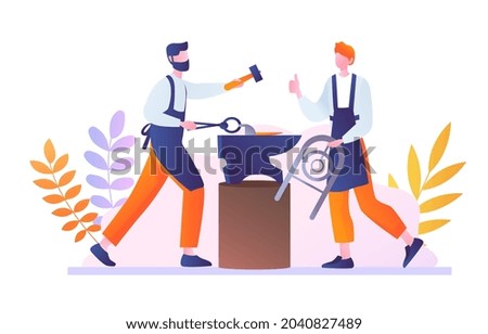 Blacksmith forges iron. Men make edged weapons, medieval profession. Shaping metal, production of raw materials. Graphic element for site. Cartoon flat vector illustration isolated on white background