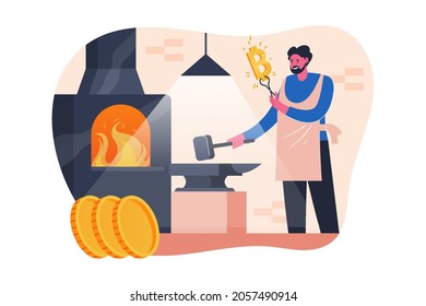 Blacksmith Forging Bitcoin Currency Symbol Flat Vector Illustration 