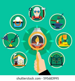 Blacksmith forging concept with human hand lens magnifier pointing to hammer work images with circle frame vector illustration