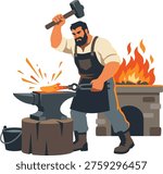 Blacksmith Forging Hot Metal on Anvil in Traditional Workshop Illustration