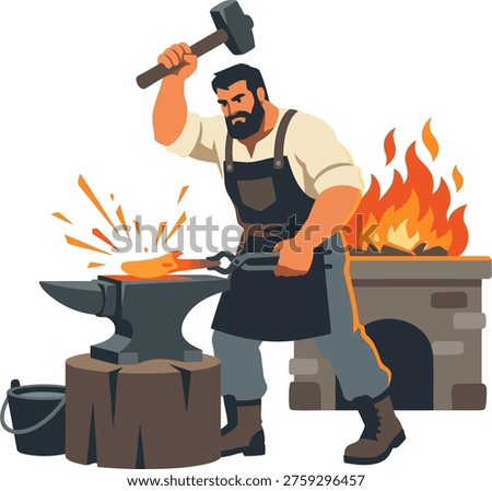 Blacksmith Forging Hot Metal on Anvil in Traditional Workshop Illustration
