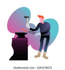 A blacksmith forging iron. Professional people vector illustration. Grunge style.
