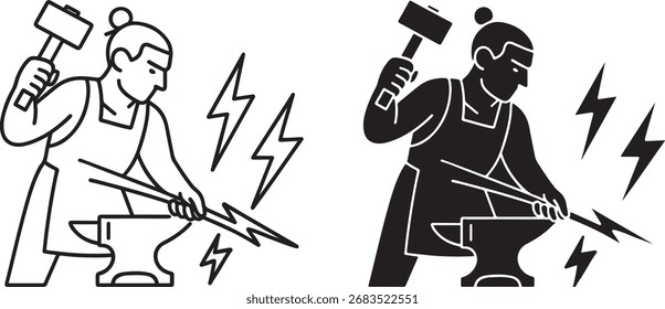 Perno de relámpago de forja de herrería con Ilustración vectorial de icono de martillo