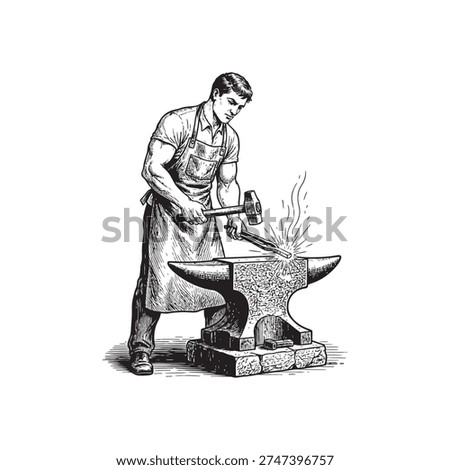 Blacksmith forging metal on an anvil with sparks flying, skilled craftsman working in a workshop, vintage illustration