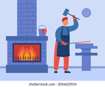 Blacksmith forging metal stick with anvil at smithy workshop. Young smith working hard with sledgehammer flat vector illustration. Family business, job concept