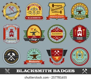 Blacksmith foundry metalwork industry colored badges set isolated vector illustration
