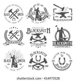 Blacksmith graphic vintage emblems with working craftsman hammers anvil chain horseshoe wheat and inscriptions isolated vector illustration  