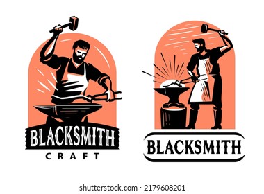 Blacksmith with hammer and anvil logo. Blacksmith shop, workshop, handicraft emblem badge. Vintage vector illustration