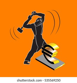 Blacksmith hammer beating on the euro symbol. On orange background.