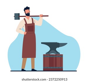 Blacksmith with hammer in foundry near anvil. Man holding sledgehammer. Handicraft worker. Forging metal. Male character professional metalwork cartoon flat style isolated vector concept