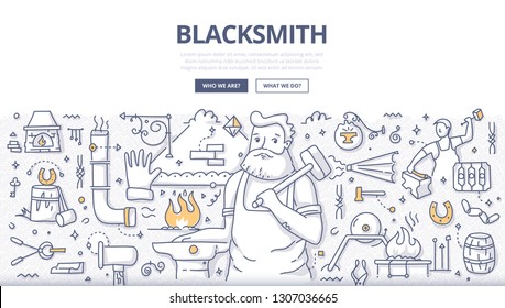 Blacksmith with hammer standing near anvil in workshop. Concept of blacksmithing and smith craft. Hand drawn doodle illustration for web banners, hero images, printed materials