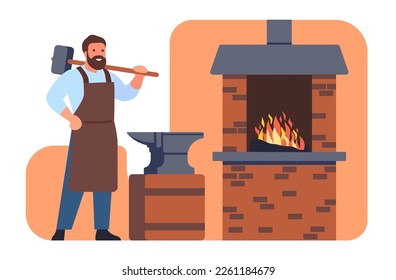 Blacksmith with hammer stands in forge near anvil and furnace. Craft profession. Male worker forging metal. Handicraft workshop. Smithy equipment. Man holding