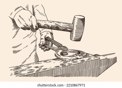 A blacksmith with a hammer and tongs in his hands forges a horseshoe on an anvil. Ancient engraving. USSR. 1932