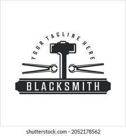 blacksmith hammer tongs logo vintage vector illustration template icon design. welding and forge service symbol for industrial company with retro typography style concept
