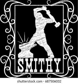 Blacksmith with a hammer working on the anvil silhouette. Chalk text style. A symbol for the forge. Vector illustration on a black background.