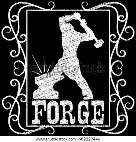 Blacksmith with a hammer working on the anvil silhouette. Chalk text style. A symbol for the forge. Vector illustration on a black background.