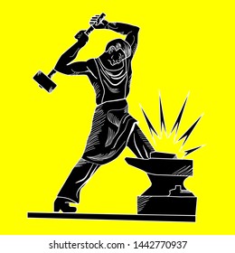 The blacksmith hammers the parts on the anvil. Vector illustration isolated on yellow background.