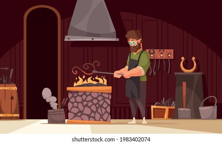 Blacksmith heating up ornamental iron curved piece in coal forge fire in his workshop cartoon vector illustration