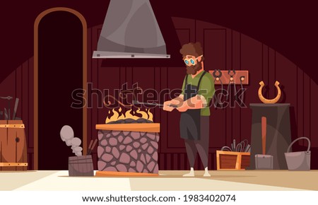 Blacksmith heating up ornamental iron curved piece in coal forge fire in his workshop cartoon vector illustration