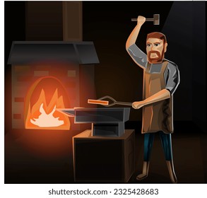 Blacksmith in his workshop cartoon vector illustration
