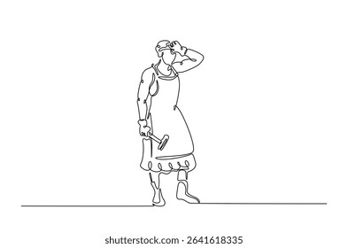 Blacksmith holds hammer in continuous one line drawing. Single line art illustration of blacksmtih working. Editable vector.