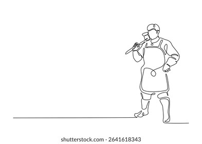 Blacksmith holds hammer in continuous one line drawing. Single line art illustration of blacksmtih working. Editable vector.