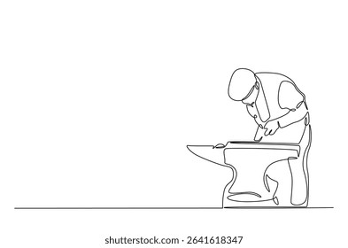 Blacksmith holds hammer in continuous one line drawing. Single line art illustration of blacksmtih working. Editable vector.