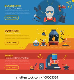 Blacksmith horizontal banners with advertising of equipment for forging welding molding metal vector illustration