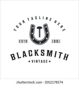 blacksmith horseshoe hammer logo vintage vector illustration template icon design. welding and forge service symbol for industrial company with retro typography style concept