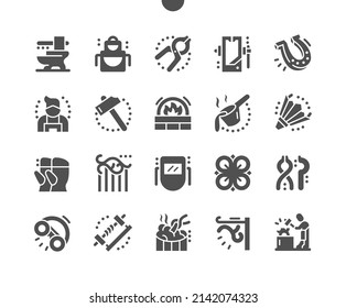 Blacksmith. Horseshoe, hammer, molten metal. Forging machine. Handwork, craftsmanship, forge, steel and metalwork. Vector Solid Icons. Simple Pictogram