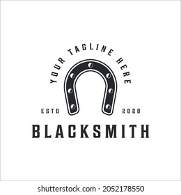 blacksmith horseshoe logo vintage vector illustration template icon design. welding and forge service symbol for industrial company with retro typography style concept