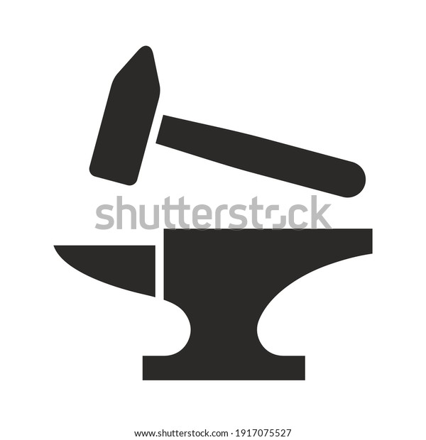 Blacksmith icon. Anvil and hammer. Vector\
icon isolated on white\
background.