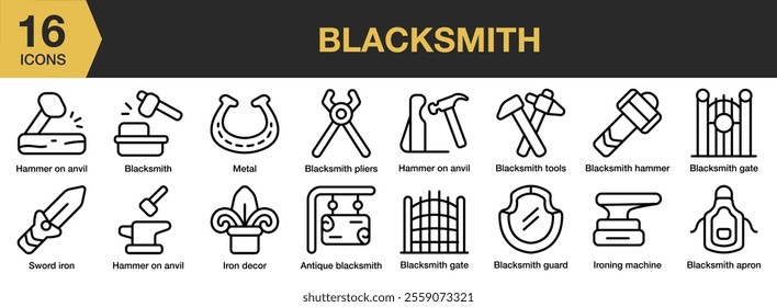 Blacksmith icon set. Includes blacksmith, equipment, metal, steel, anvil, and More. Outline icons vector collection.