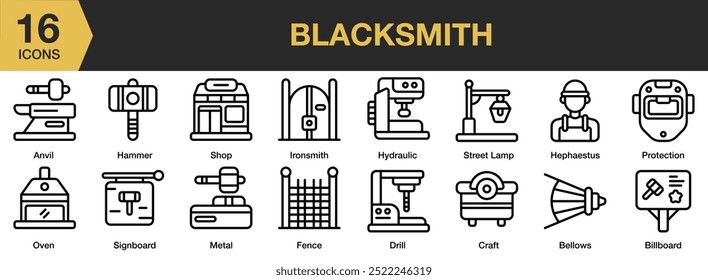 Blacksmith icon set. Includes fence, hammer, hydraulic, ironsmith, metal, oven, and More. Outline icons vector collection.